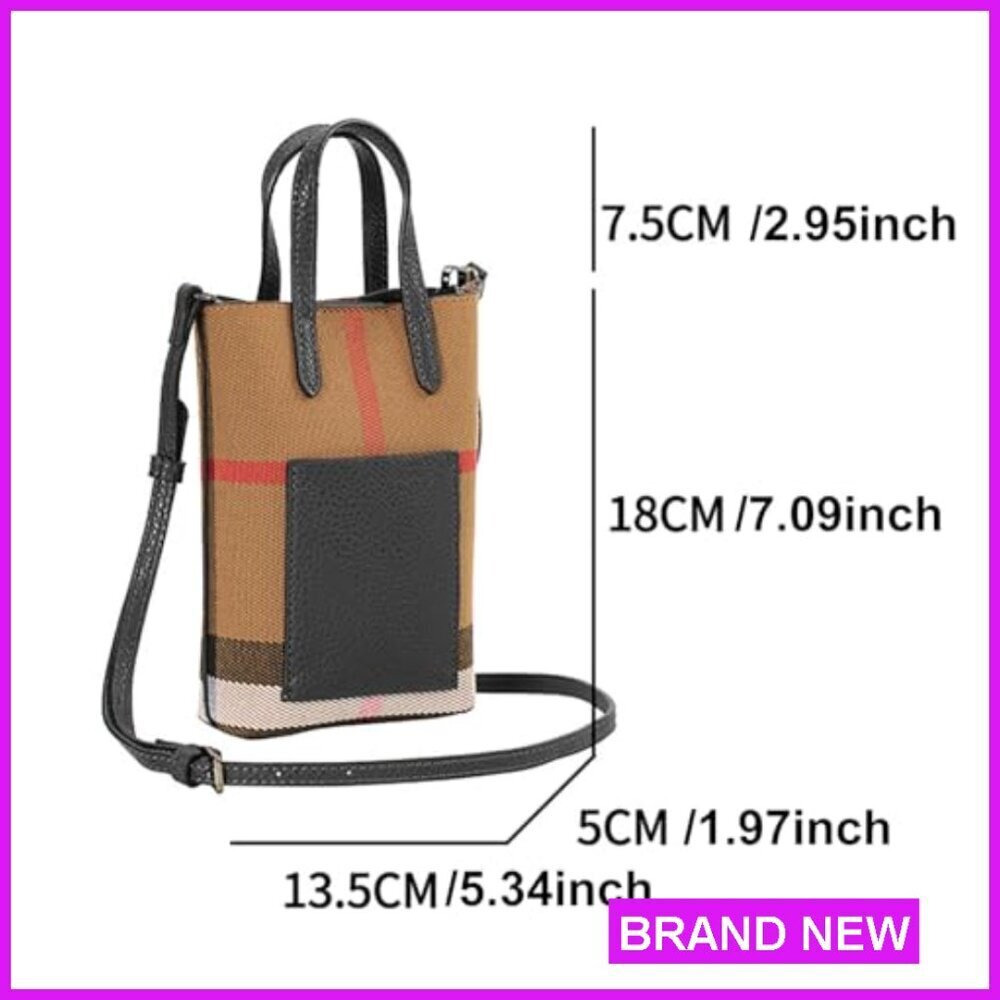 Mini Crossbody Bag Classic Plaid Canvas PU Leather Adjustable Strap Chic - Picture 3 of 7